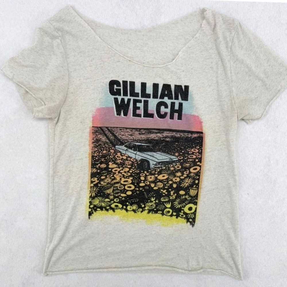 Gillian Welch Acony Rare Graphic Tee Womens Oatmeal Heather Raw Edge Scoop Small